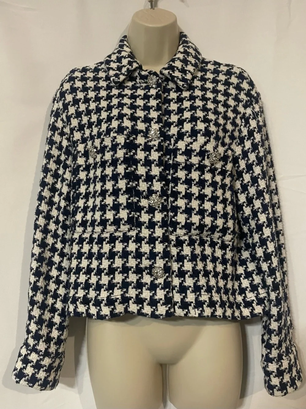 ZARA Houndstooth White/Blue Cropped Jewel Button Jacket\Blazer - Picture 3 of 9